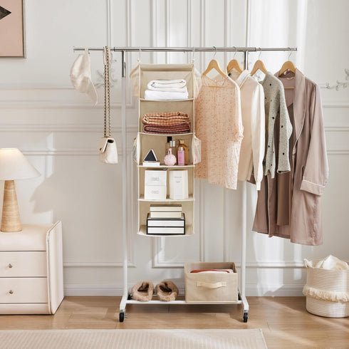 MAX Houser 5 Shelf Hanging Closet Organizer, Foldable Cloth Shelves with 4 Side Pockets, Space Saver - Beige