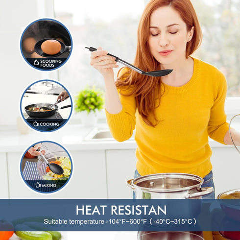 HOTEC Heat Resistant Large Silicone Cooking Spoon, Solid Slotted Spoons for Kitchen