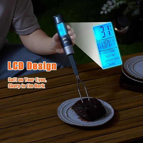 Meat Thermometer Fork with Digital Cooking Thermometer, Instant Read LCD Display, LED Light, Grill Thermometers for BBQ