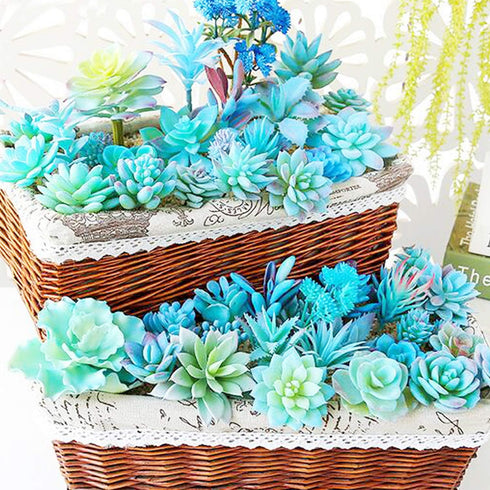 Woohome 10 PCS Artificial Succulent Plants, Unpotted Faux Succulent Assortment in Flocked Blue for Birthday Home Decor