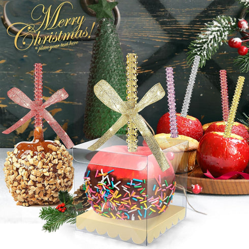 32 PCS Bling Candy Apple Bamboo Sticks, Caramel Apple Wooden Pointed Skewers with Rhinestones Diamond Mesh Wrap, Fruit