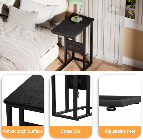 1 Set,Black VECELO C Shaped End Table with Charging Station & Power Outlets, Quick Access Side Table for Sofa, C