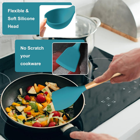 E-far Blue Silicone Cooking Utensils Set, 10-Piece Kitchen Tools with Wooden Handle for Nonstick Cookware, Heat