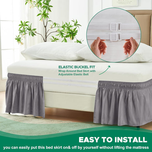 Biscaynebay Wrap Around Bed Skirts for Full & Full XL Beds, 15" Drop, Silver Grey Adjustable Elastic Dust Ruffles