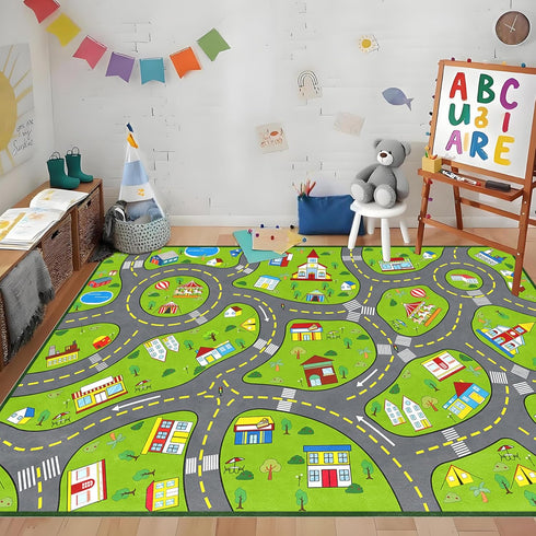 3x5 Car Play Rug City Life Traffic Road Kids Rug, Educational Road Carpet Kids Play Mat for Floor Nursery Toddler
