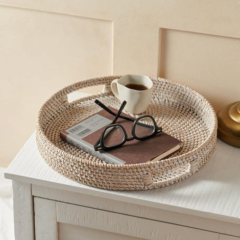 14 Counter JUNGLE CULTURE Handmade Round Wicker Tray Whitewashed Large Decorative Rattan Serving Basket for Coffee