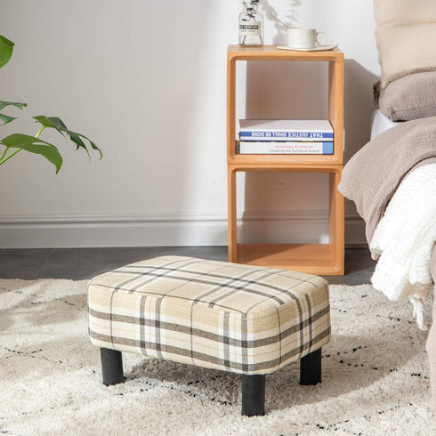 16.54" RF-BD215 IBUYKE Small Footstool, Linen Fabric Pouf, with Padded Seat Pine Wood Legs and Padded Rectangular