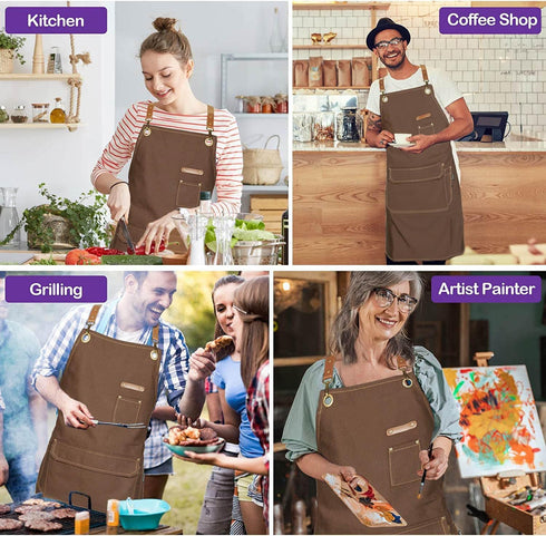 Chef Apron for Men Women, Cotton Canvas Cross Back Straps Apron for Kitchen Cooking, Artists Painting