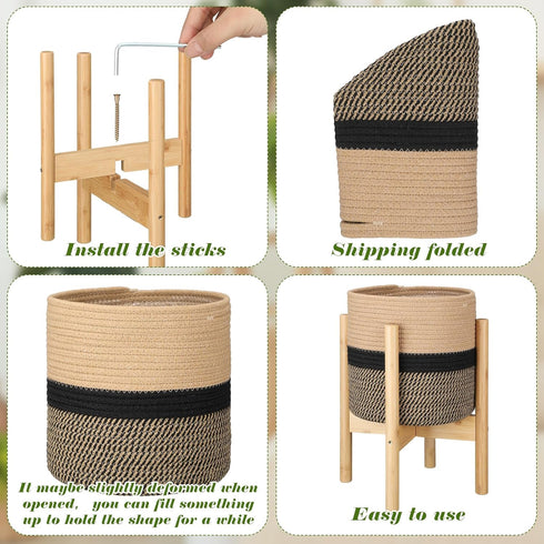 Sunnychicc Stand(10 Inch,Black Plant Basket with Stand Indoor Planter Pot Holder Sturdy Jute Rope Modern Woven Basket
