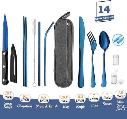 Portable Reusable Travel Utensils Silverware with Case,Travel Camping Cutlery set,Chopsticks and Straw, Flatware Cutlery Set with Case, Stainless steel Travel Utensil set Top (Blue) by Hommaly