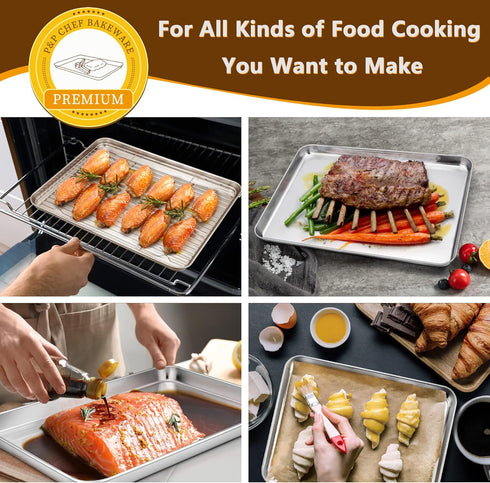 P&P CHEF 12.5 Inch Toaster Oven Pan and Rack Set, 4 Pieces Stainless Steel Baking Pans with Cooling Rack