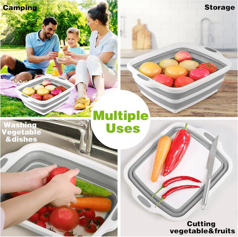 Space Saving Collapsible Cutting Board, 3 in 1 Multifunction Dish Tub with Draining Hole for Camping