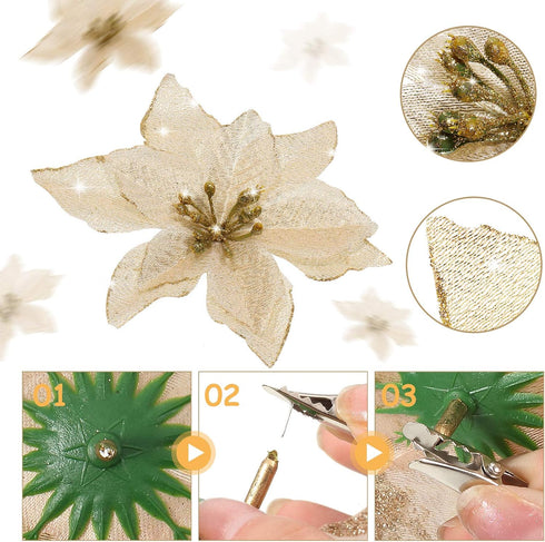 WILLBOND 36 Pcs Christmas Poinsettia Flowers, Glitter Faux Flowers Decoration for Christmas New Year Home Outdoor