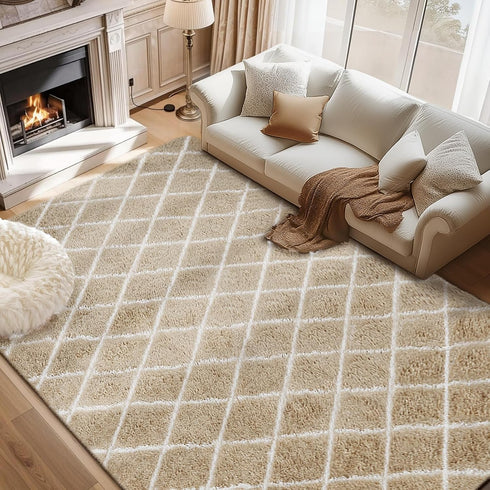 TOOHUB Fluffy Rug for Bedroom, 8X10Feet Stripe Checkered Rug Anti-Skid High Pile for