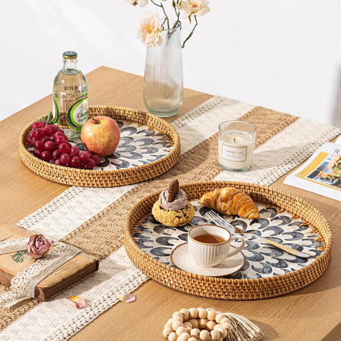 12'' Round Rattan Tray Home Decor, Wicker Serving Tray with Mother of Pearl Inlay, Boho Decorative Tray for Coffee