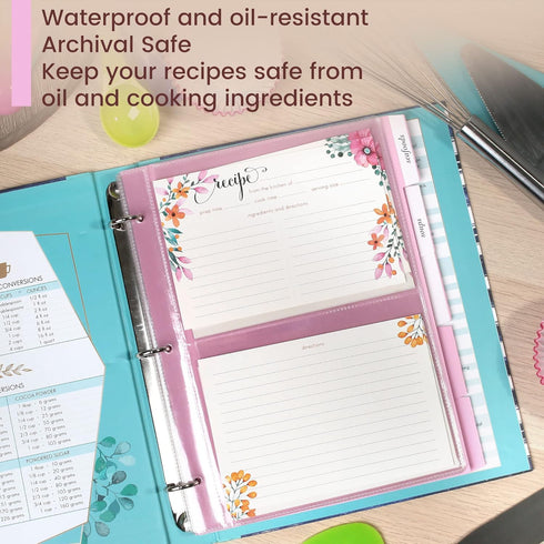LotFancy 15 Recipe Card Protectors and 5 Dividers, 18 Labels, Recipe Binder Refills, and Tabbed Dividers