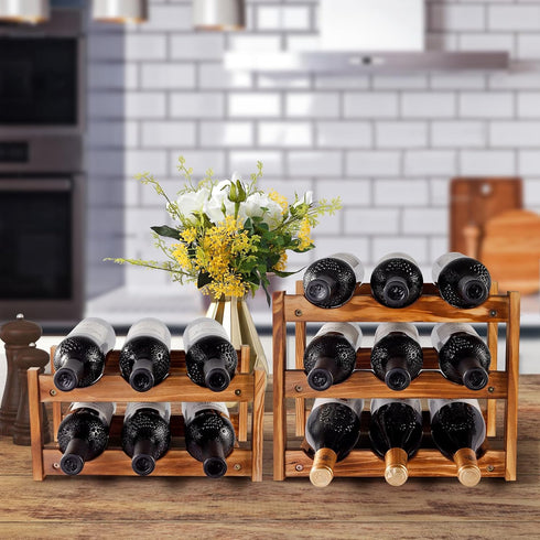 Wine Rack: 6 Bottle 2-Tier Wood Storage, Easy-Assembly Space-Saving Kitchen Organizer for Home and Bar