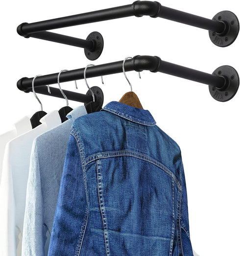 OROPY Industrial Pipe Clothes Rack, Set of 2 Heavy Duty Wall Mounted Black Iron Garment Bar