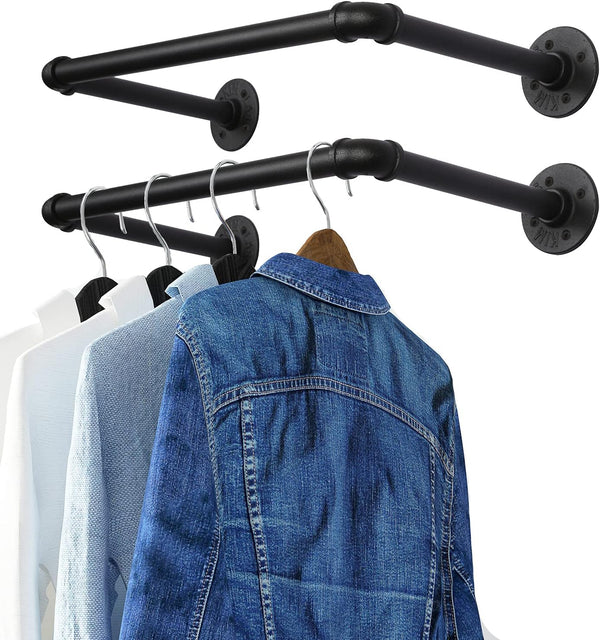 OROPY Industrial Pipe Clothes Rack, Set of 2 Heavy Duty Wall Mounted Black Iron Garment Bar