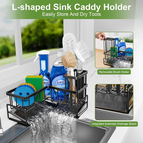 90-Degree Countertop Fikoksol Large Sponge Holder for Kitchen Sink, Sink Caddy Organizer with Dish Brush Holder
