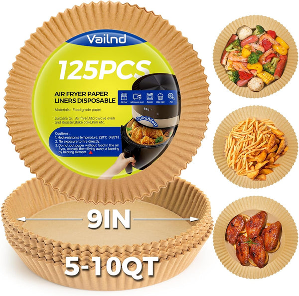 Vailnd 9inch Round Air Fryer Disposable Paper Liners, 125PCS Non-Stick Food Grade Parchment for Air Fryer