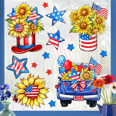 Mfault 4th of July Patriotic Window Clings, 4 Sheets America USA Sunflower Blue Truck Stickers Decal Decorations