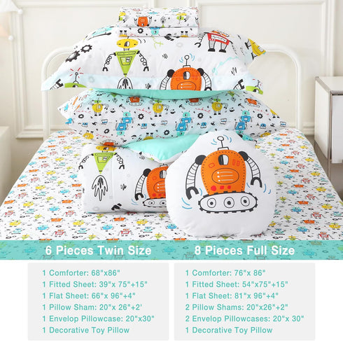 Sets 8 Set Set Mooreeke Full Size Comforter for Boys Kids, Pieces Bed in a Bag White Robot Bedding Comforter Sheet