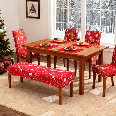 YISUN Christmas Dining Bench Covers, Stretch Printed Christmas Bench Covers, Anti-Dust Removable Bench Slipcover