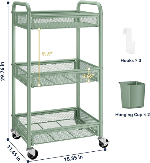 3 YASONIC Tier Rolling Cart Metal Utility Storage Carts with Wheels, Craft Carts Organizer with Hanging Cups, Hooks
