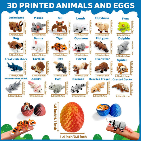 24 3D 1.5-2 Inch Pcs Mini Printed Animals in Sparkle Eggs - Articulated Animal Figurines with Multicolor Gradient