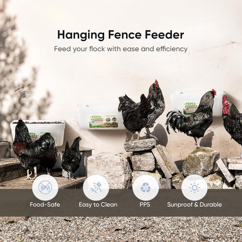 Chewoof 4 Pack 4.5 Chicken Feeders, Quart Goat Hanging Fence Feeders, with Hooks, Screws, & Chicken Coop Treat Bag