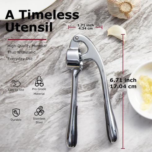 Kitessensu Premium Garlic Press Set, Heavy Duty Mincer with Silicone Peeler & Brush, Rust Proof & Dishwasher Safe -