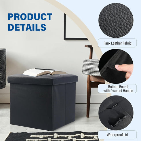 2 Pack, 13x12x12 Inches 260 lb, LotFancy Storage Ottoman, Foldable Foot Rest Stool, Small Leather Bench with Storage