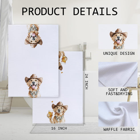 Cabana Bro 16x24 Inch Set 2 Funny Cowboy Golden Retriever Kitchen Towels, Golden Retriever Gifts for Women Men, Dog
