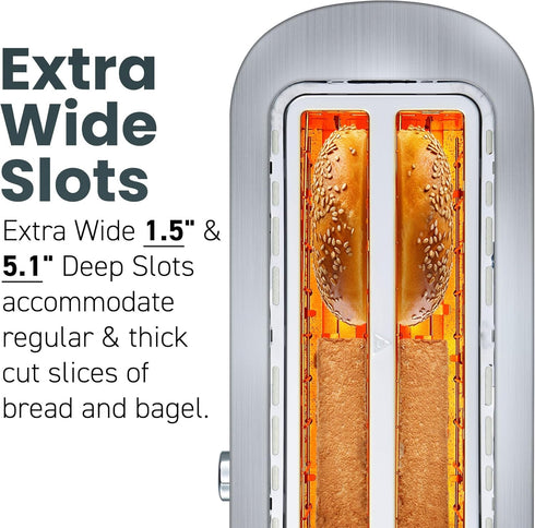 Elite Gourmet ECT4123 Long Slot 4 Slice Toaster, Extra Wide Slots, Bagel, Defrost & Cancel Functions, Stainless Steel