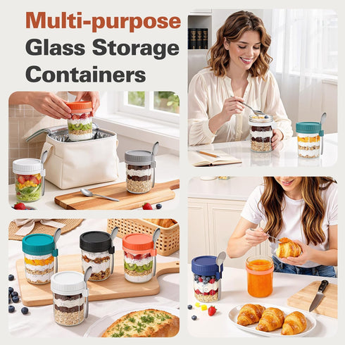 4 Pack 16 oz Overnight Oats Containers with Lids and Spoons, Airtight Oatmeal Container with Measurement Marks