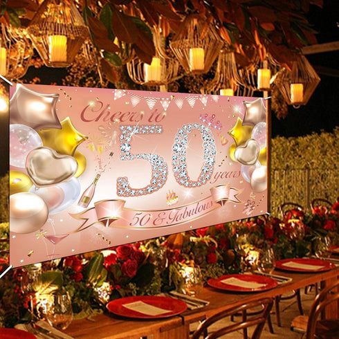 HOWAF Woman 50th Birthday Party Decoration Rose Gold Fabric Banner, Photo Backdrop, Wall Garden Table Supplies
