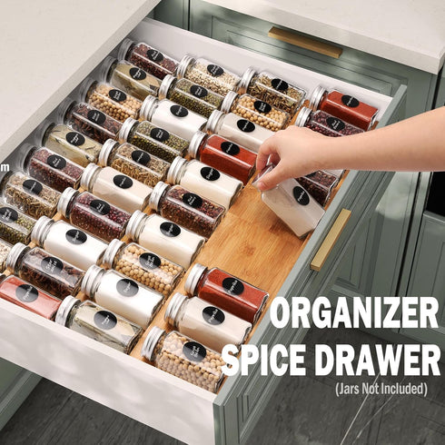 DEWVIE 4 13" 26", Bamboo Spice Drawer Organizer, Tier In Drawer Spices Rack for Cabinet Drawer Expandable From