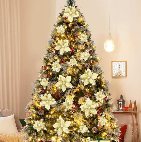 Geefuun 28PCS Christmas Tree Decorations: Gold Glitter Poinsettias Artificial Flowers Ornaments with Clips