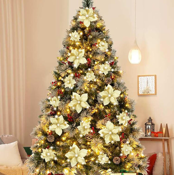Geefuun 28PCS Christmas Tree Decorations: Gold Glitter Poinsettias Artificial Flowers Ornaments with Clips