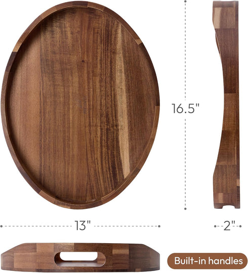 NAVORIX 17'' 13'' Counter Acacia Wood Serving Tray with Handles - x Round, Decorative Ottoman Trays for Breakfast, Home
