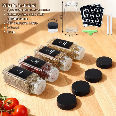 36Pcs Labels4oz (36, Spice Jars Containers with Black Seasoning Bottles with Shaker Lids for Rack, Cabinet