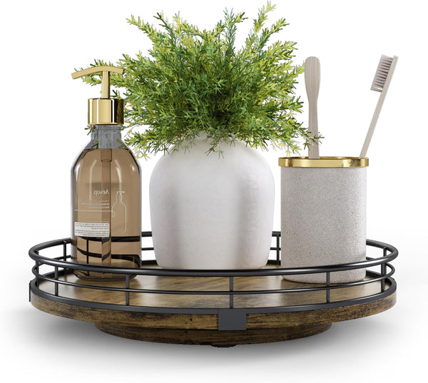 HGF Farmhouse 9" Bathroom Vanity Tray Turntable, Wooden Countertop Organizer for Soap Perfume, Rotating Kitchen