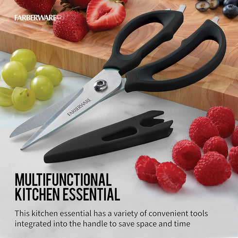 Farberware 4 in 1 Multipurpose Stainless Steel Kitchen Scissors with Blade Cover, Black by Farberware