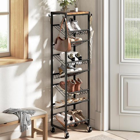 8 8-16 Closet Tier Rotating Vertical Shoe Rack Tower, Wooden Tall Shoe Storage Organizer with Hooks, Sturdy Metal