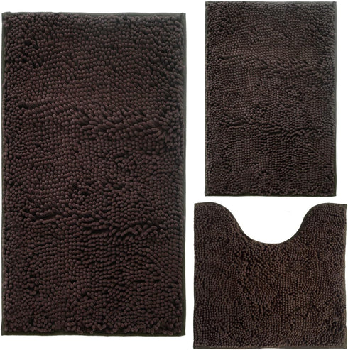 Bathroom Rugs Chenille 3-Piece - Extra Soft Absorbent Shag Bathroom Mats, Machine Wash Non-Slip (Coffee)