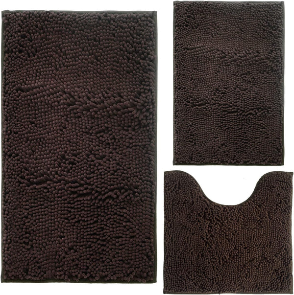 Bathroom Rugs Chenille 3-Piece - Extra Soft Absorbent Shag Bathroom Mats, Machine Wash Non-Slip (Coffee)