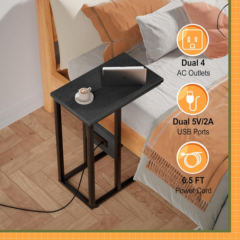1 Set,Black VECELO C Shaped End Table with Charging Station & Power Outlets, Quick Access Side Table for Sofa, C