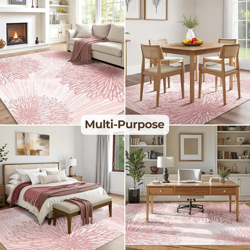 5x7 Pink Rugs for Bedroom Girls: Modern Large Washable Cute Boho Floral Pattern Area Rug Soft Indoor Floor Non-Slip Low