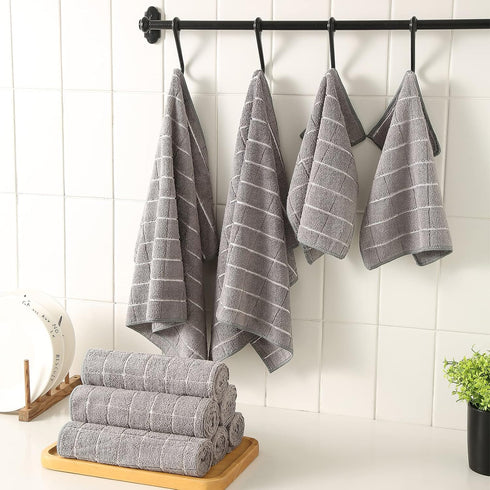 Set of 12 Microfiber Kitchen Towels and Dishcloths, 26 x 18 Inch and 12 x 12 Inch, Lint Free Grey Dish Towels